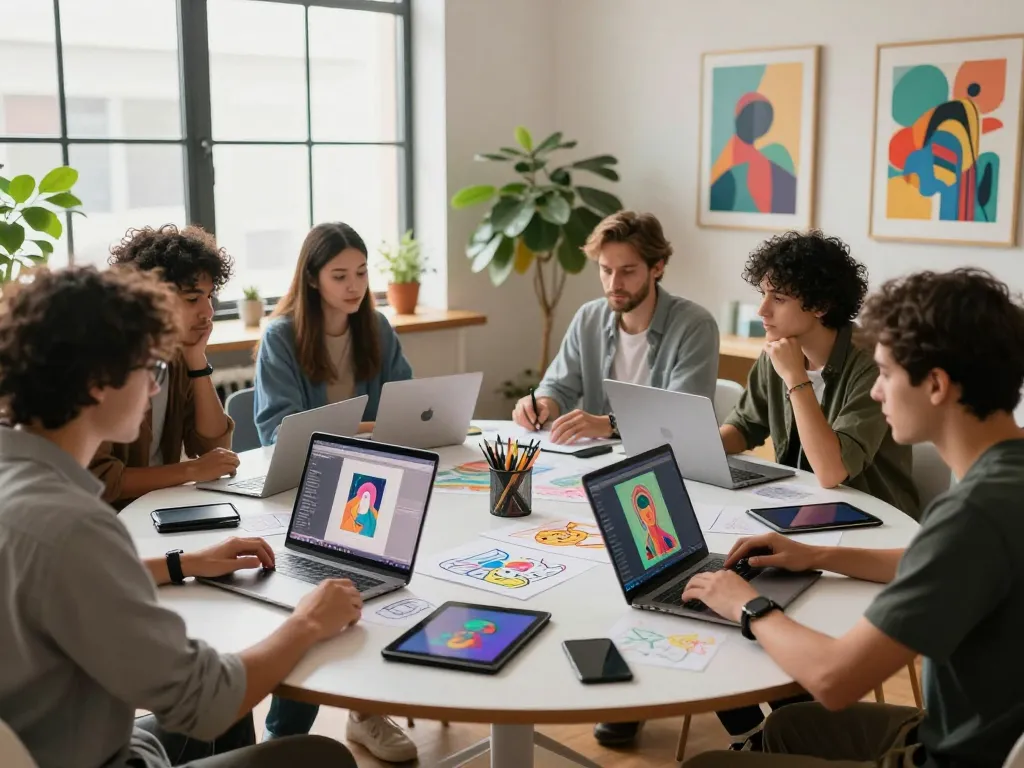 Collaborative artists using spicy ai technology to create innovative digital artwork in a bright studio.