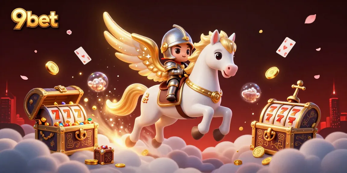 Experience thrilling gaming with 9bet as a celestial knight rides towards jackpot victories in a vibrant casino scene.