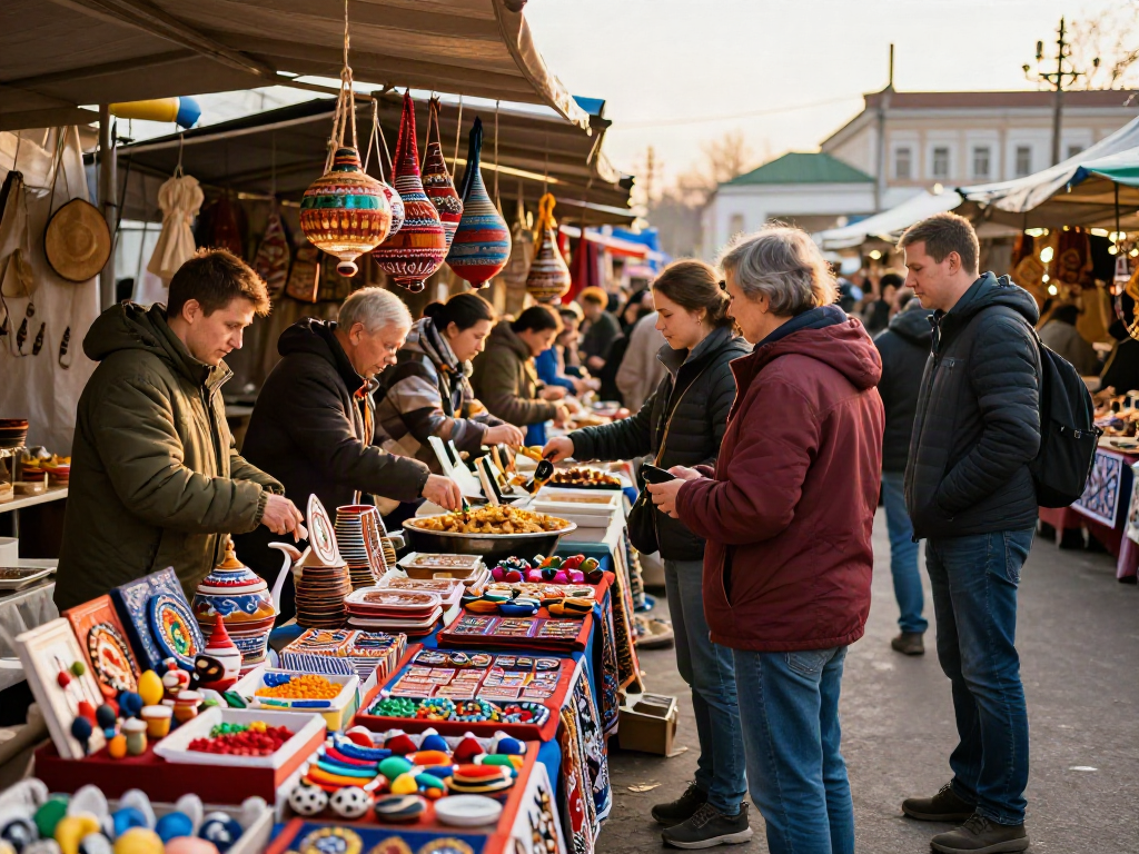 https://payinrussia.com/ ile Rus pazarında el yapımı ürünleri keşfeden turist.