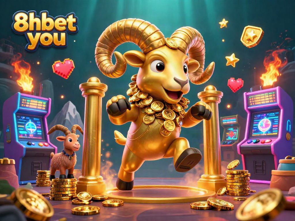 Engage with the exciting 8xbet you adventure featuring a golden ram amidst vibrant casino game elements.