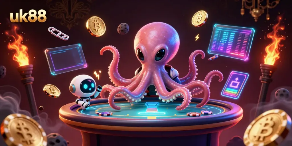 Engage with the exciting features at uk88, showcasing an alien octopus at a holographic poker table surrounded by animated cryptocurrency elements.