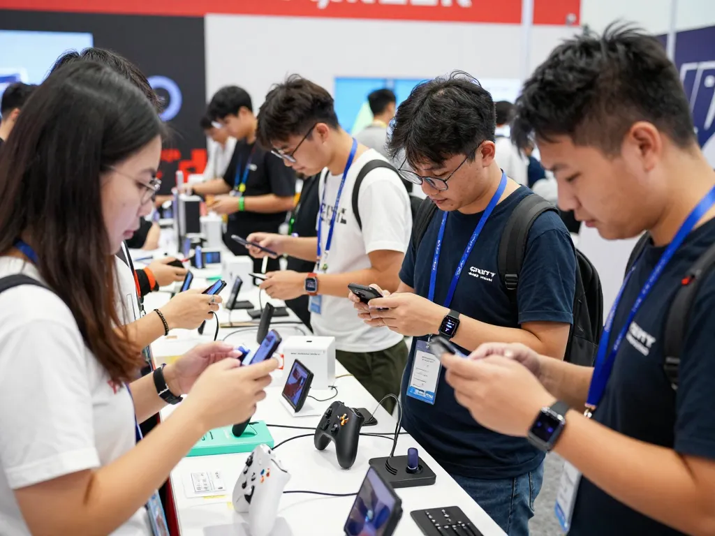 Tech enthusiasts discovering the latest tech gadgets 2093 at a vibrant technology expo with interactive Bluetooth devices.
