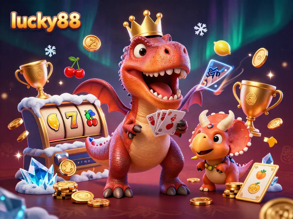 Experience lucky88's excitement with a T-Rex shuffling cards and a baby triceratops stacking golden chips!