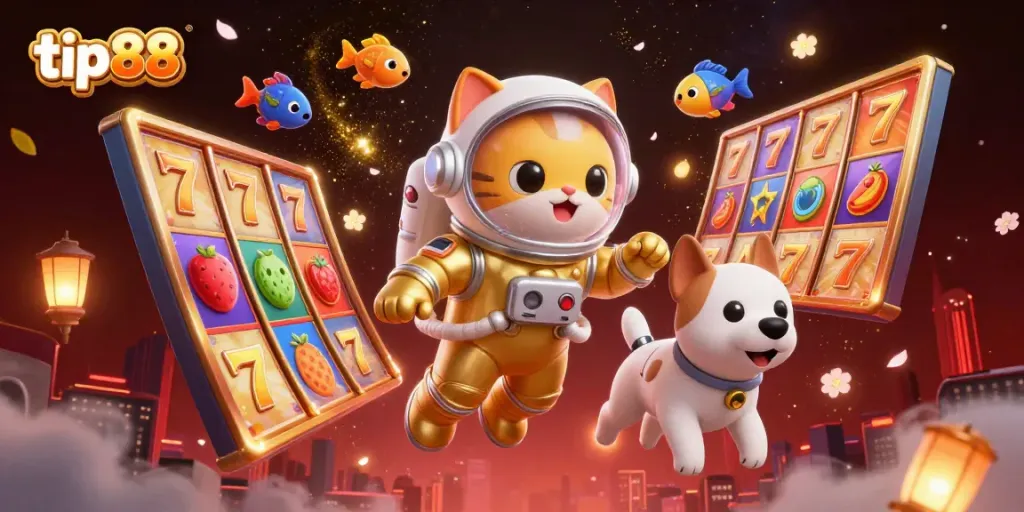 Experience thrilling slot gameplay with tip88 featuring a cat astronaut and robot dog in a vibrant casino scene.