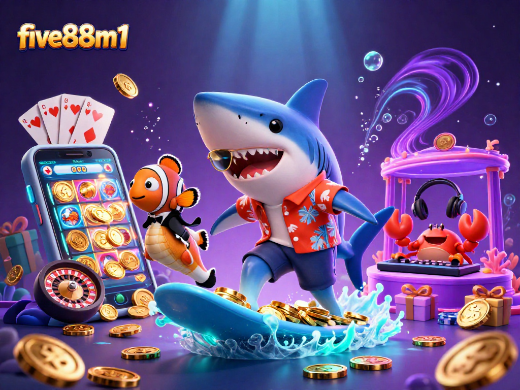 Engage in gaming thrills with five88m1 as the shark rides waves of gold, alongside charismatic sea creatures and vibrant casino elements.