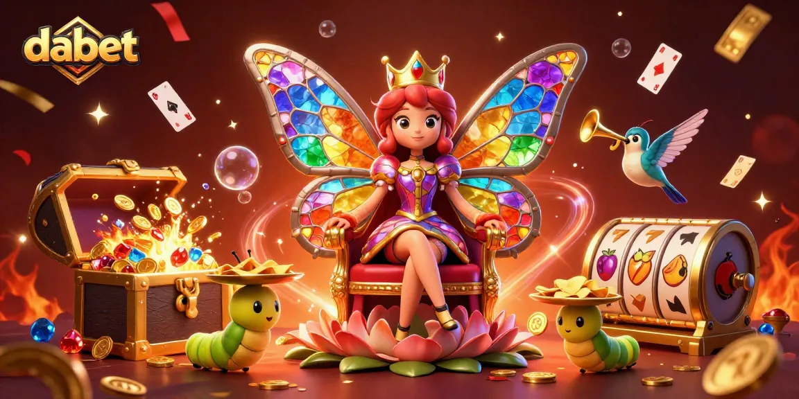 dabet's vibrant casino realm with butterfly queen, slot reels, and sparkling treasures.
