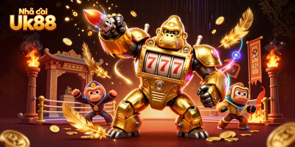 Engage with Nhà cái Uk88 through an exciting 3D casino scene featuring a golden gorilla mech