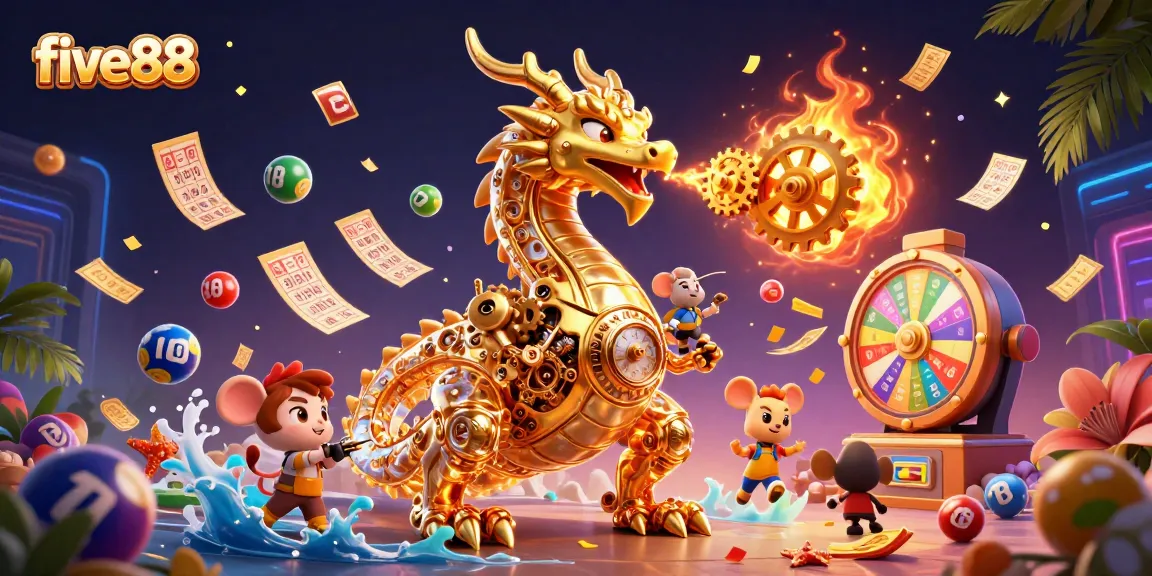 Join the excitement at five88 with a golden dragon spitting gears amidst colorful lottery elements.