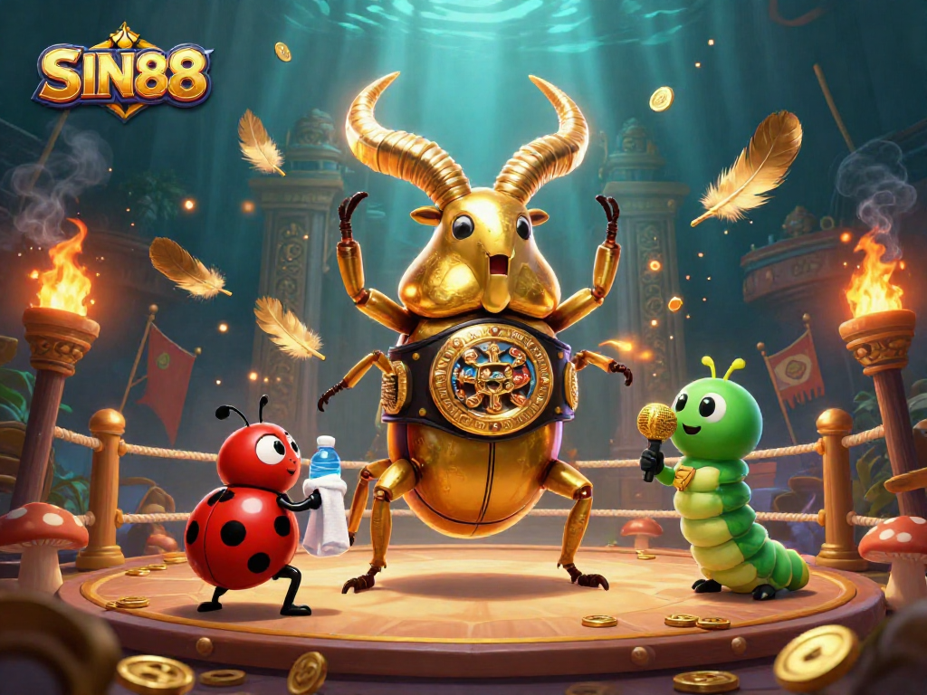 SIN88 highlights the vibrant casino atmosphere with the boxing beetle champion and engaging characters.