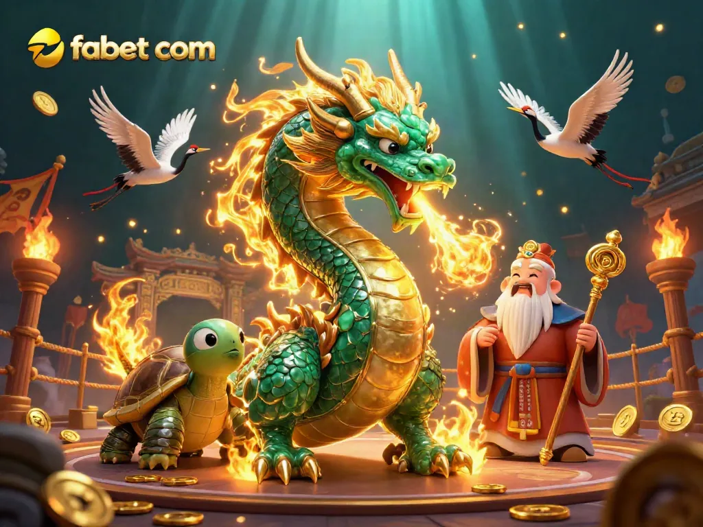 Engage with fabet com in a vibrant 3D casino scene featuring a dragon, sage, and lucky cranes.