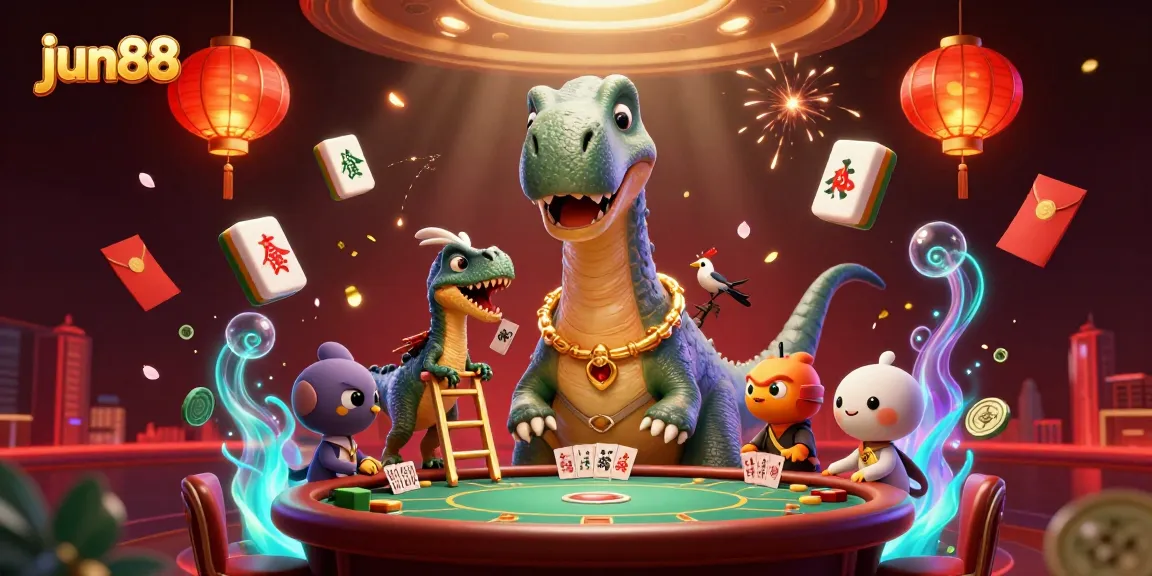jun88 players enjoy a vibrant 3D casino scene with dinosaurs, floating tiles, and festive decorations.