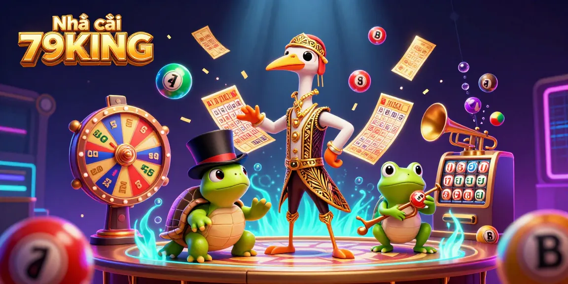 Engage in exciting lottery thrills with Nhà cái 79KING amidst colorful cascading balls and vibrant casino elements.