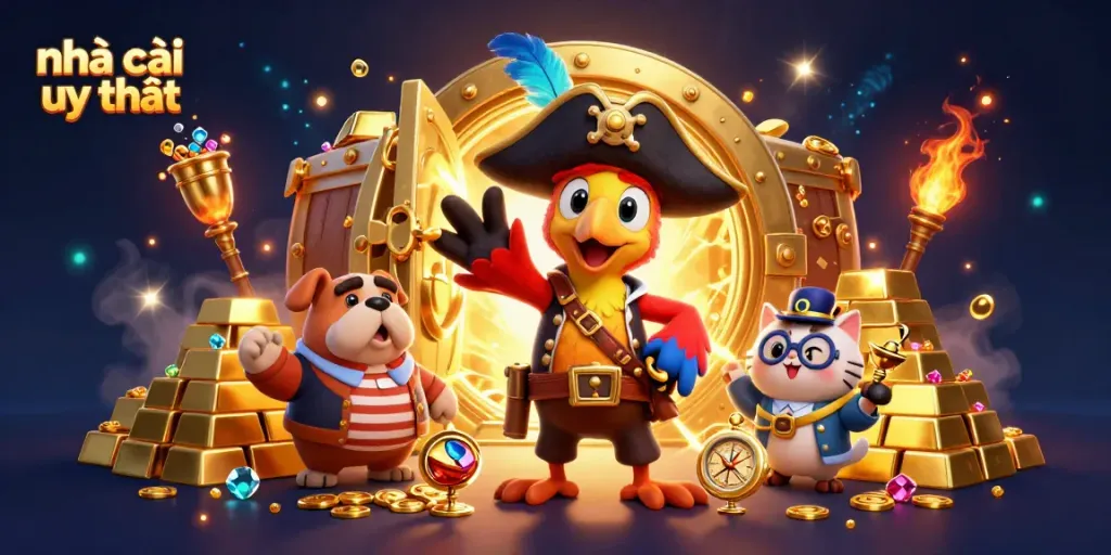 Exciting nhà cái uy tín scene featuring a pirate captain and crew amid gold treasures