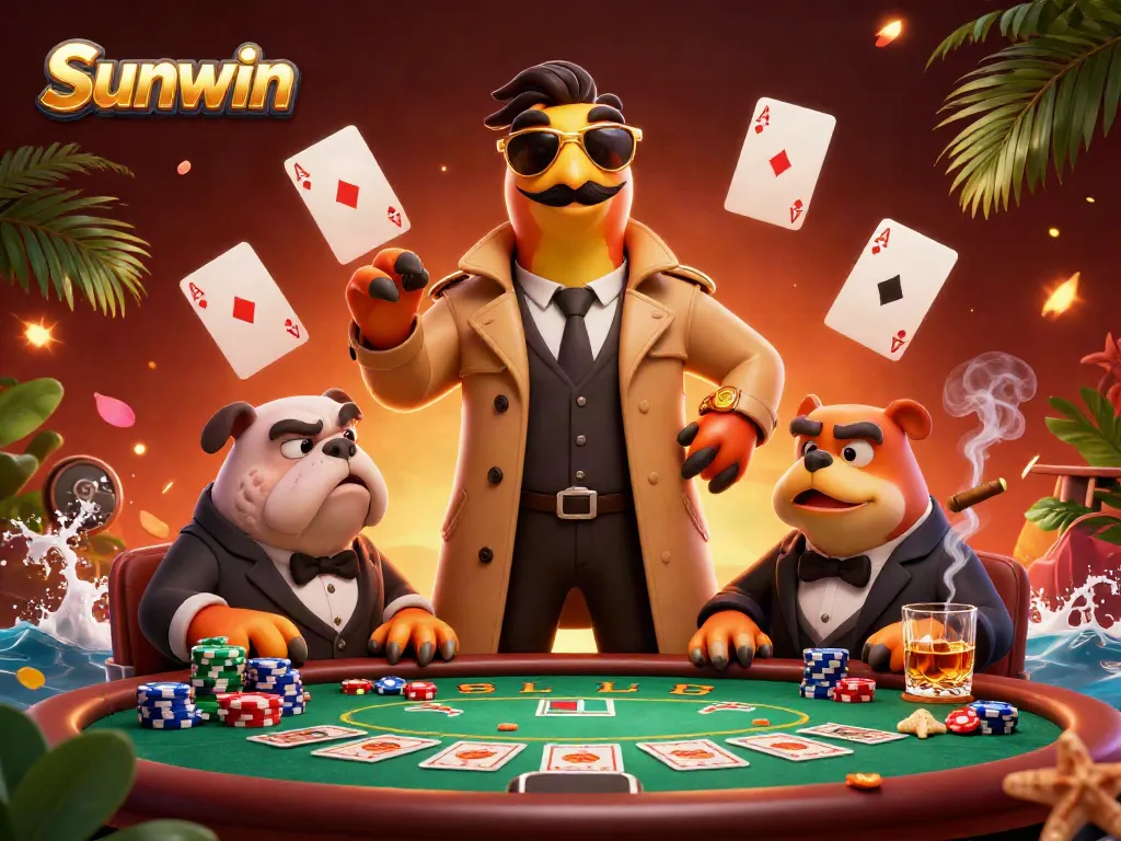 Experience the vibrant gameplay at Sunwin with raptors and a vigilant bouncer at a lively poker setup.