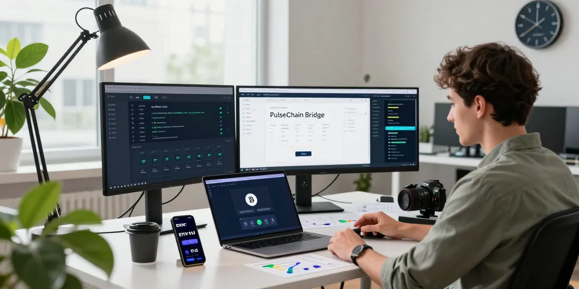 Seamless PulseChain Bridge transaction interface on multiple monitors at a tech workspace.