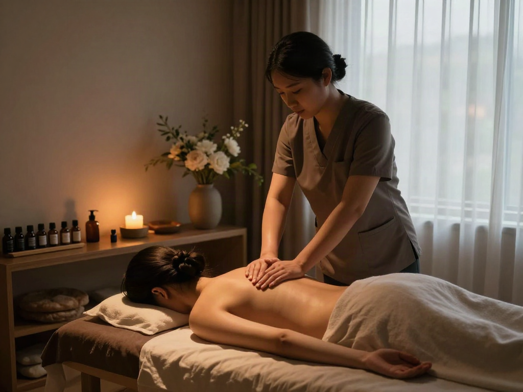부천출장 massage therapy scene with a therapist preparing a calming treatment, showcasing a serene environment