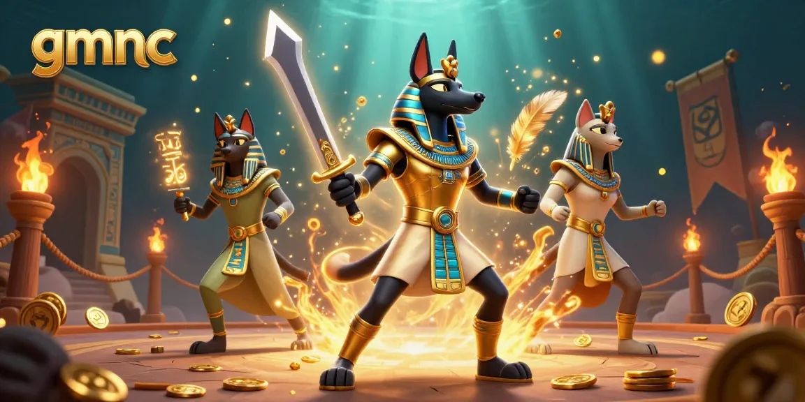 Experience the thrilling gmnc casino scene with Anubis and Bastet amidst golden coins and glowing hieroglyphs.