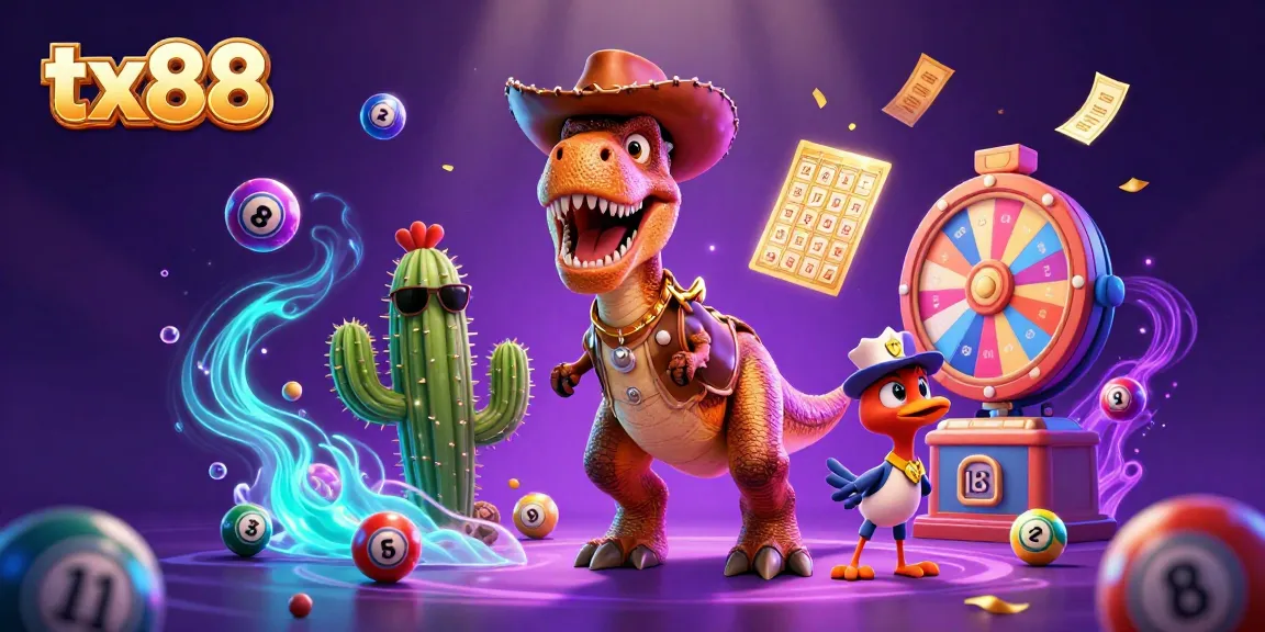 Engage with tx88's vibrant lottery scene featuring a T-Rex cowboy amidst dynamic game elements.