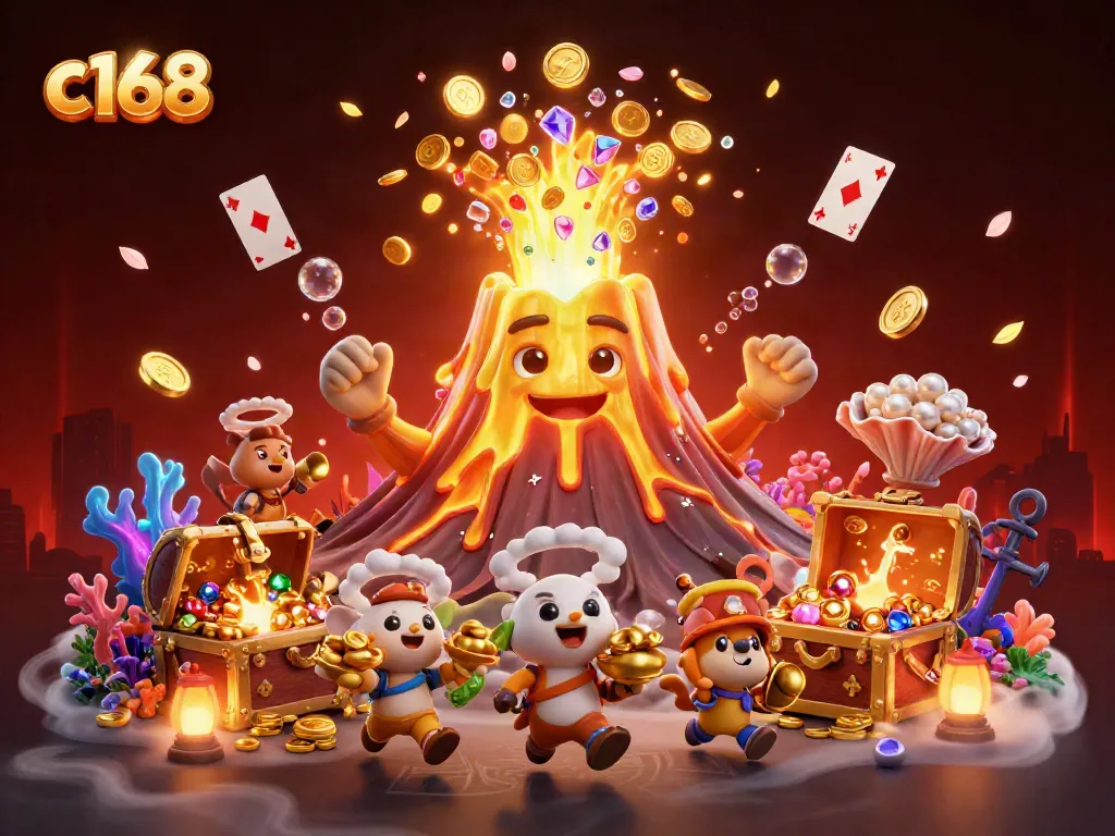 Experience excitement at c 168 with gold coins and treasures erupting from a golden volcano.