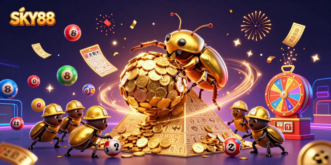 Engage with SKY88 through an exciting scene featuring a golden beetle and dynamic casino elements.