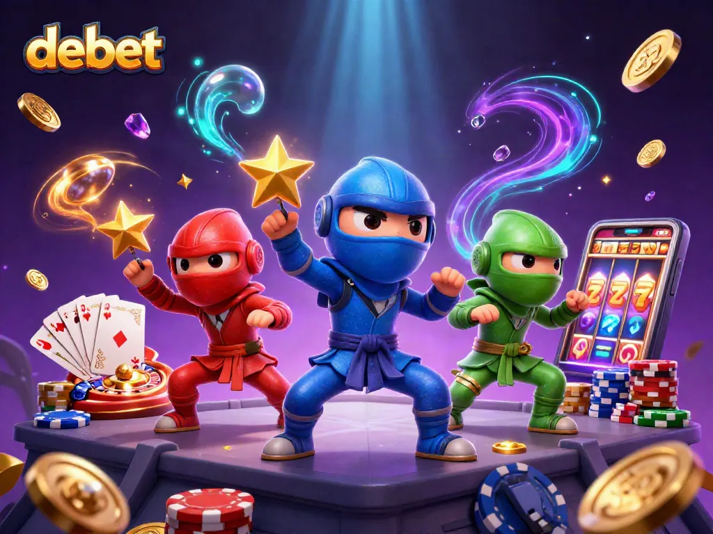 Engage in thrilling gambling adventures with debet as ninja chameleons showcase synchronized excitement above a vibrant casino.