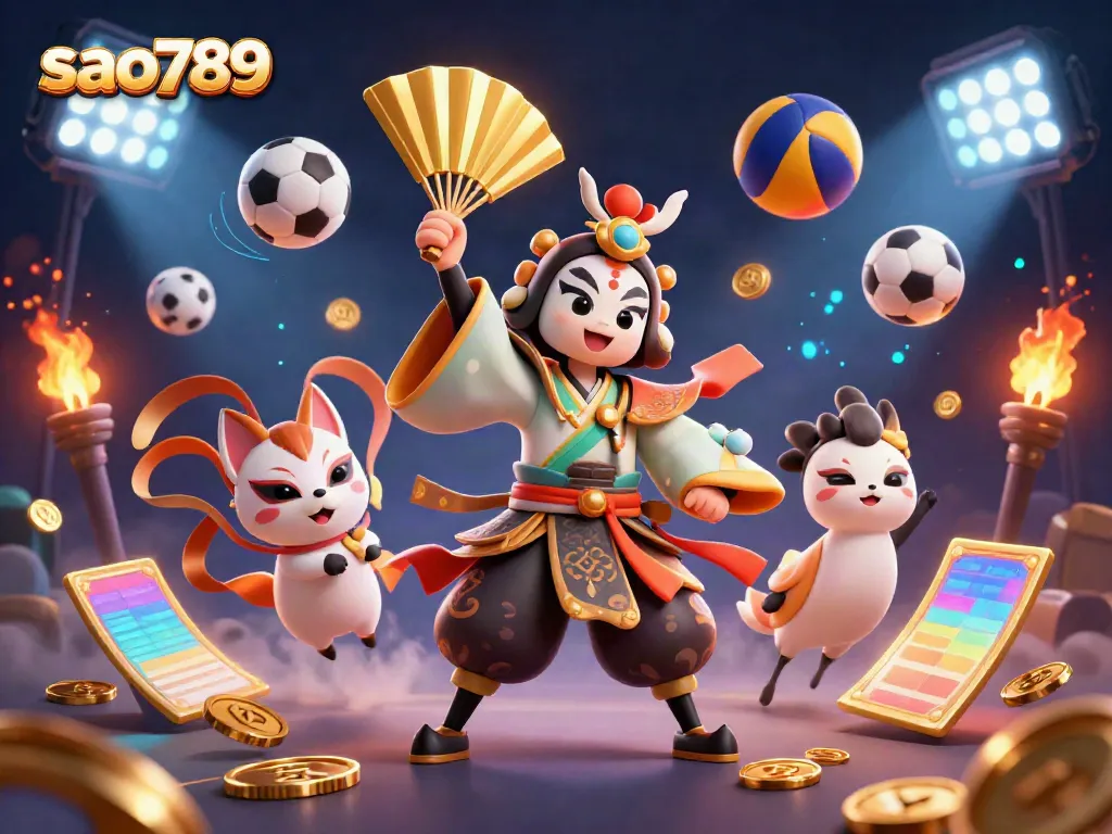 Engage with the vibrant world of sao789, where a kabuki warrior and kitsune thrive amid sports-themed gaming action.