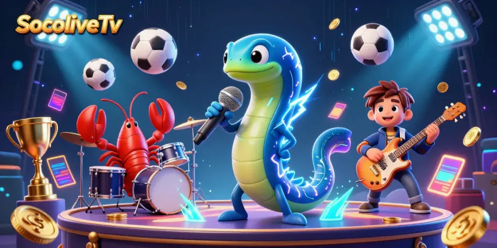 SocoliveTv showcases an electric eel DJ with a lively backup band amidst vibrant underwater casino elements.