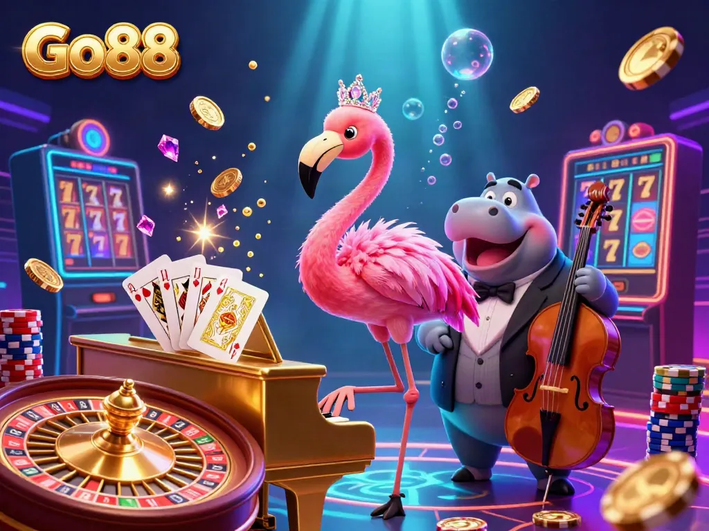 Experience the excitement of Go88 with vibrant 3D illustration portraying a flamingo singer, hippo bassist, and casino elements.