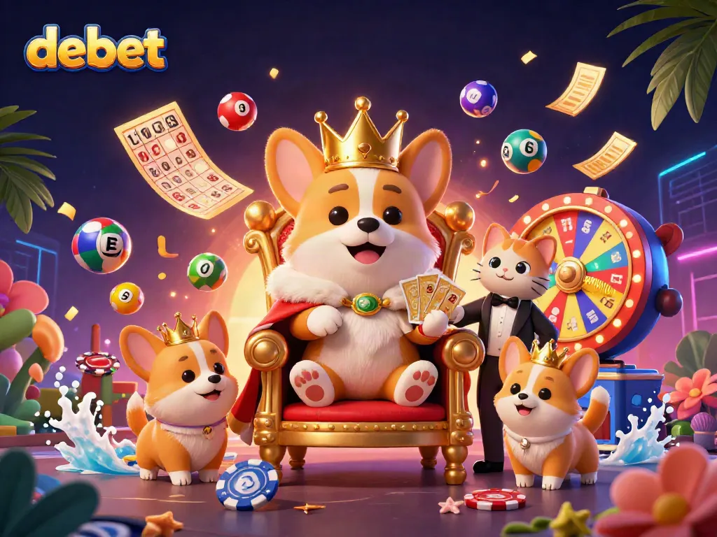 Experience debet casino excitement with a royal corgi on a poker chip throne in a vibrant 3D scene.
