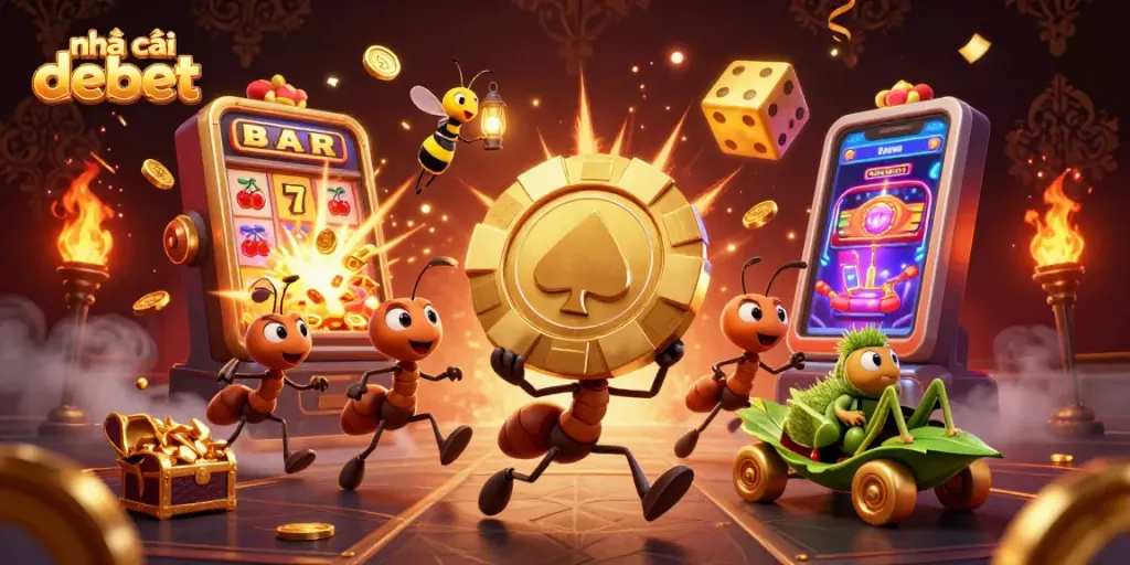 Experience vibrant gameplay with nhà cái debet as animated ants steal a giant poker chip, revealing a dynamic casino world.