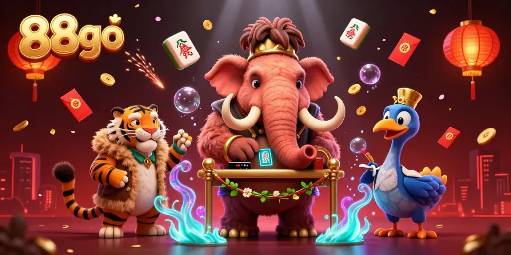 Experience the vibrant 88go casino scene with a woolly mammoth bouncer and lucky symbols.