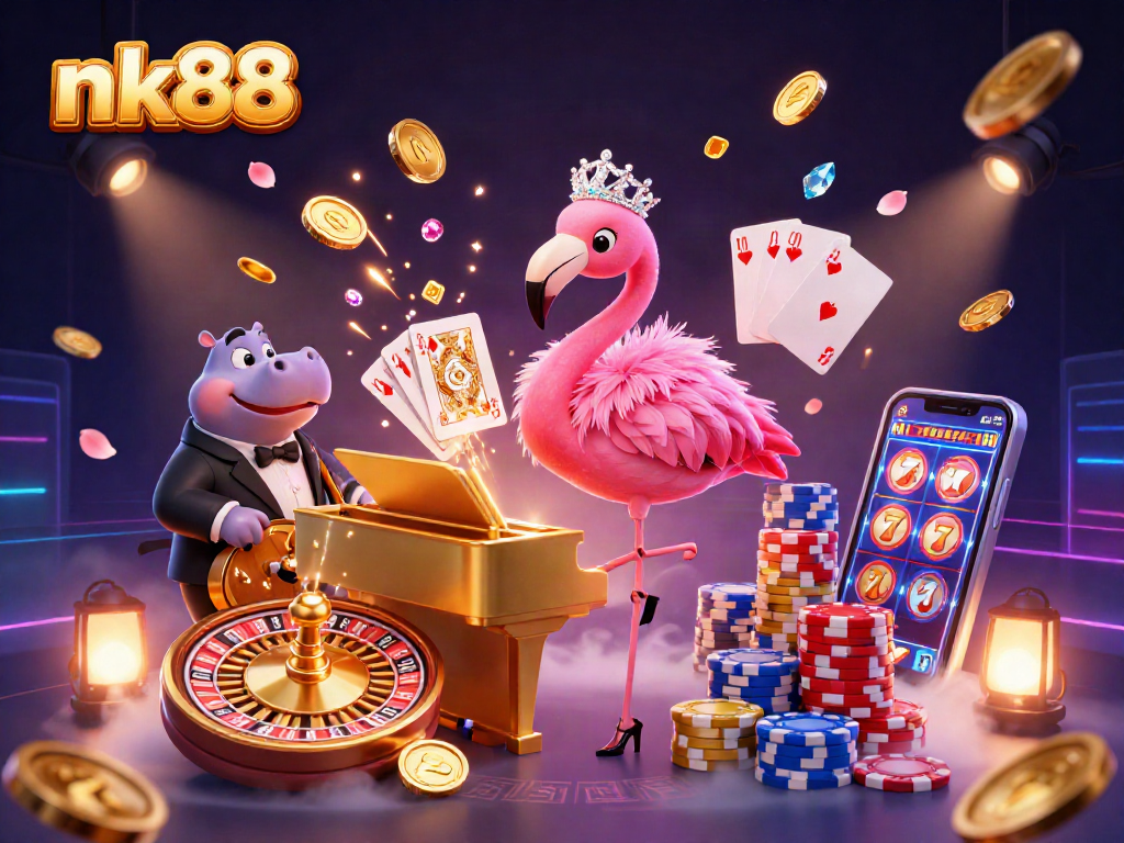 Experience nk88 thrills with a vibrant 3D casino scene featuring a flamingo singer and hippo bassist.