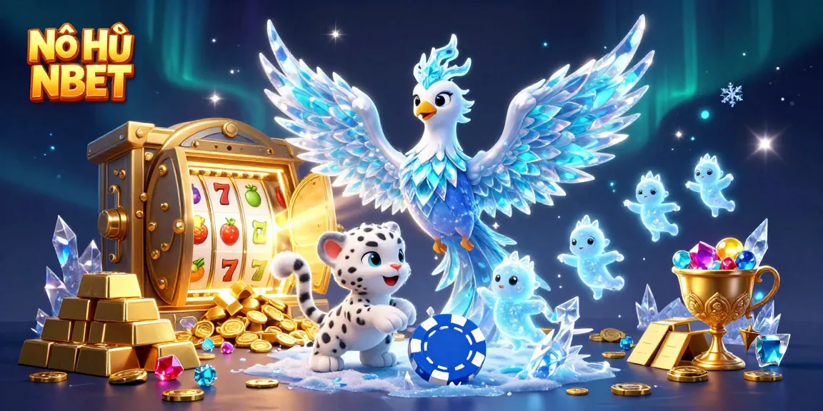 Engaging 3D illustration of Nổ Hũ NBET showcasing vibrant gaming elements with an ice phoenix and treasures.