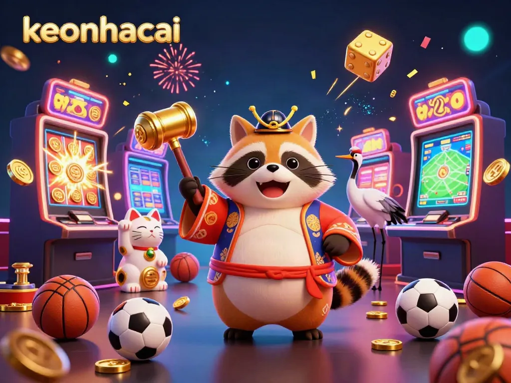 Bet on keonhacai with colorful tanuki and sports elements in a dynamic 3D scene.