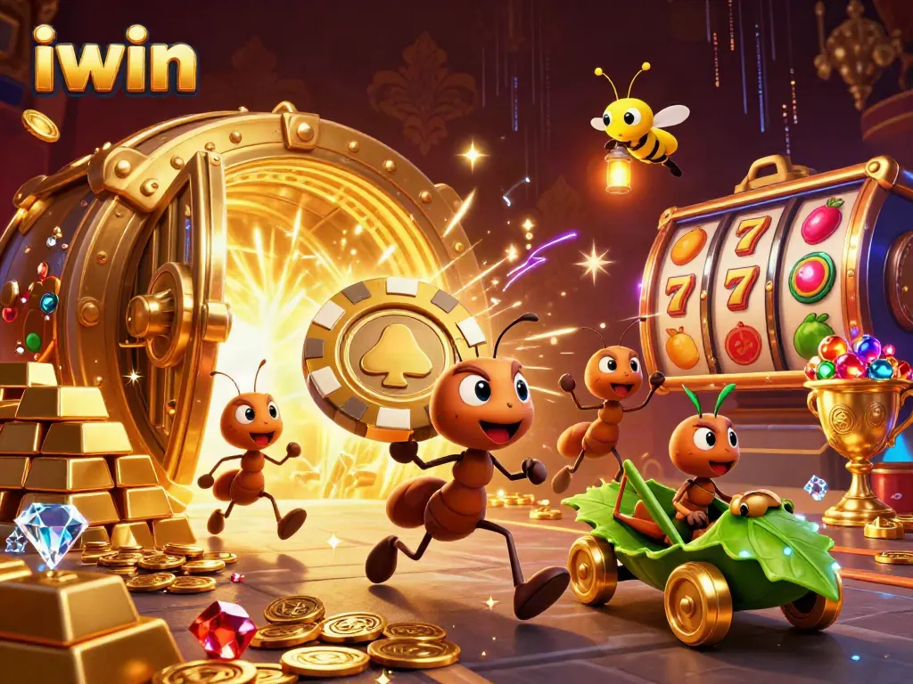 Join the excitement with iwin's vibrant slot scene showcasing ants on a gold poker chip heist.