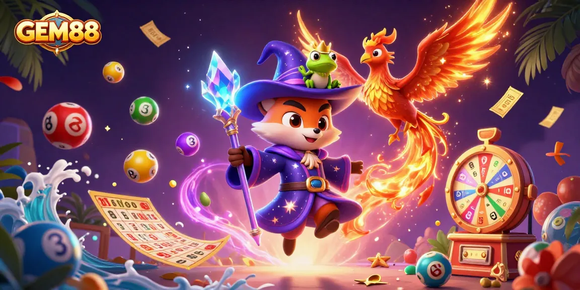Experience the excitement of GEM88 with vibrant lottery balls and a mystical wizard fox illustration.