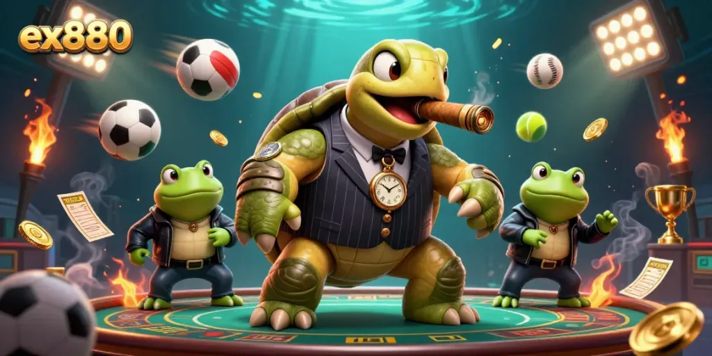 Experience the thrill of ex880 gambling with cartoon turtles and sports in a vibrant casino scene.