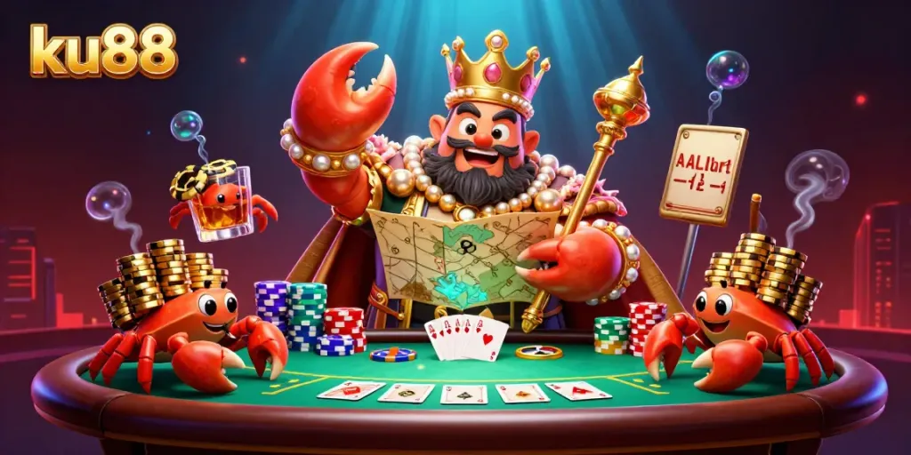 Engaging scene showcasing ku88's unique casino features with a golden crab emperor amidst poker elements.