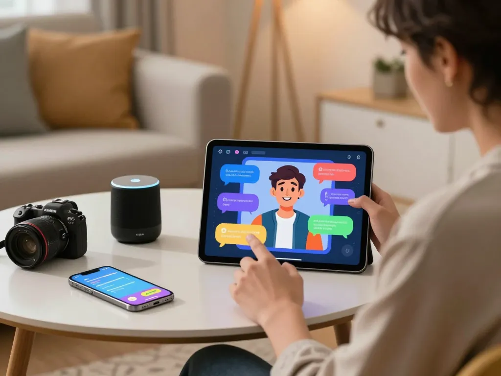 User interacting with customizable crushon AI character on a sleek tablet in a cozy living room.