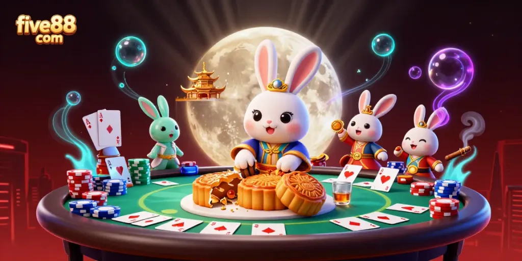 Engage with the exciting world of five88 com, a captivating casino scene featuring a cartoon rabbit revealing poker chips in an enchanting lunar setting.