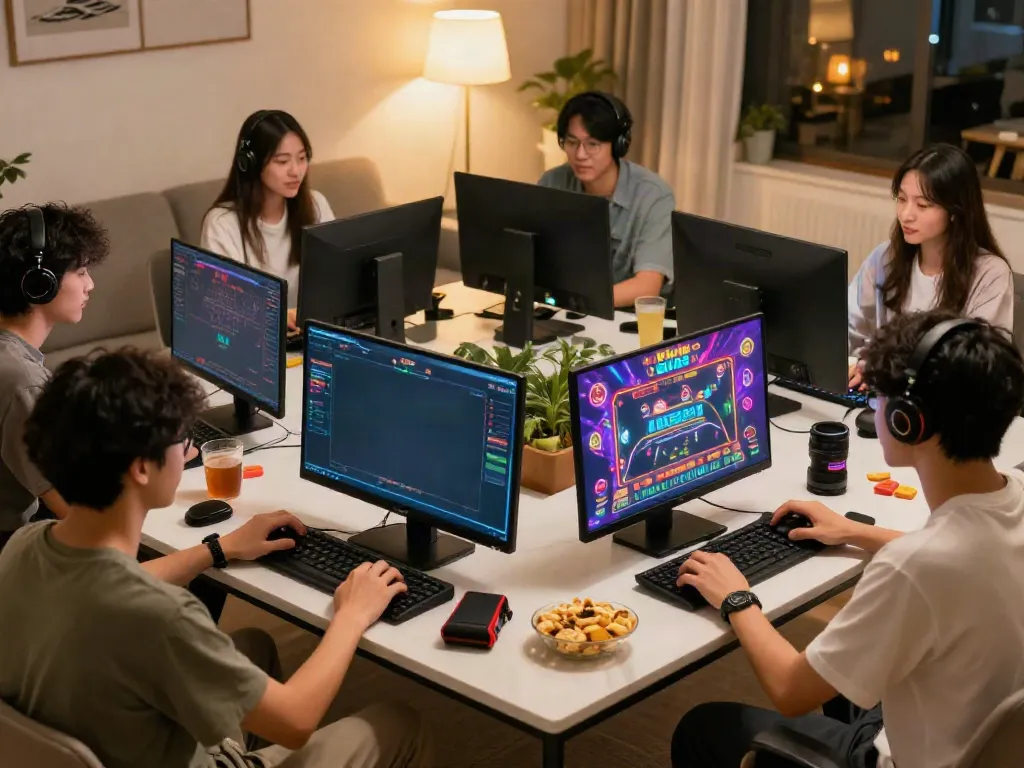 Exciting gaming group enjoying online casino at https://ku88v1.com/ in a cozy home setting.