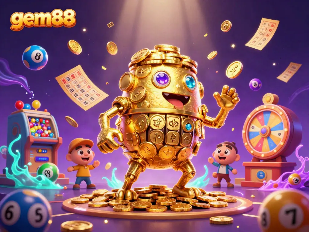 Experience thrilling gameplay with gem88 as the golden golem and vibrant lottery elements create a casino wonderland.