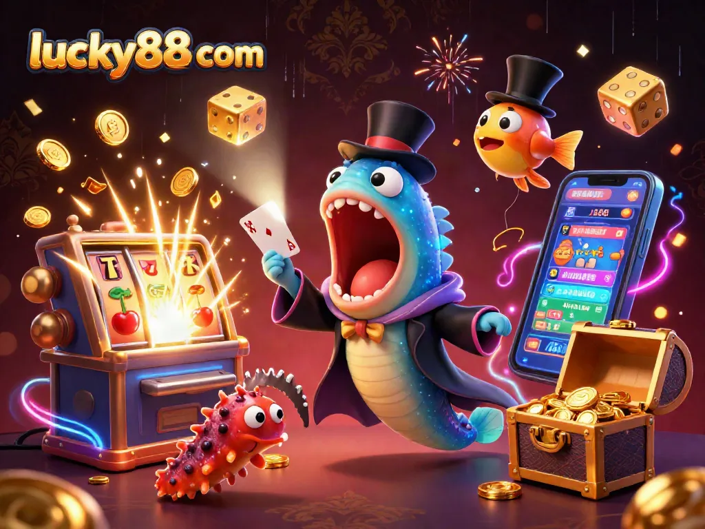 Experience winning at lucky88 com with a vibrant casino-themed illustration of characters in action.
