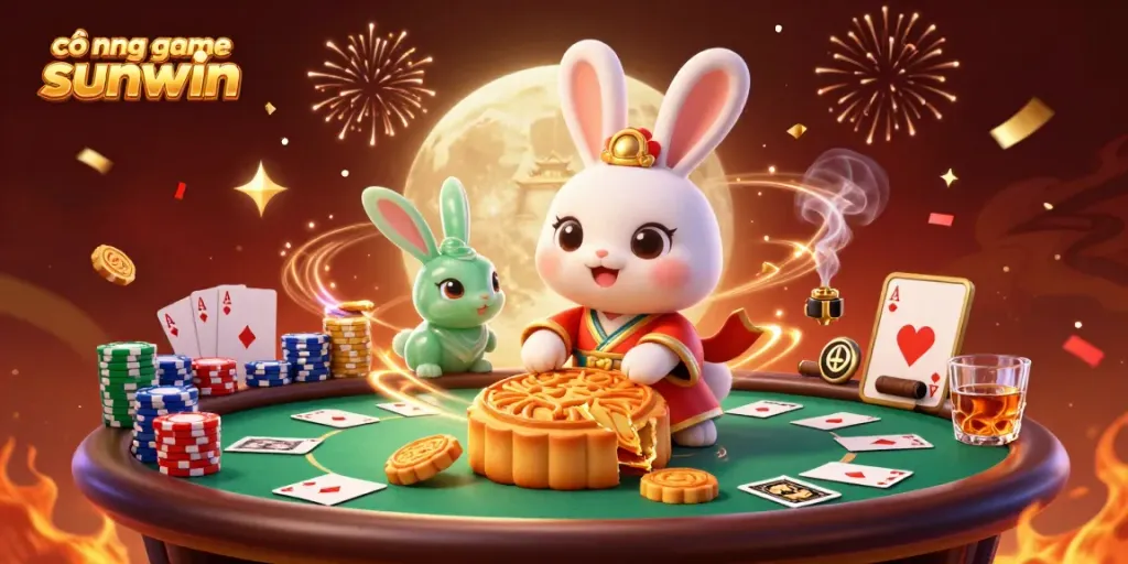 Enjoy thrilling games with cổng game sunwin featuring a moon rabbit and poker elements in an immersive scene.