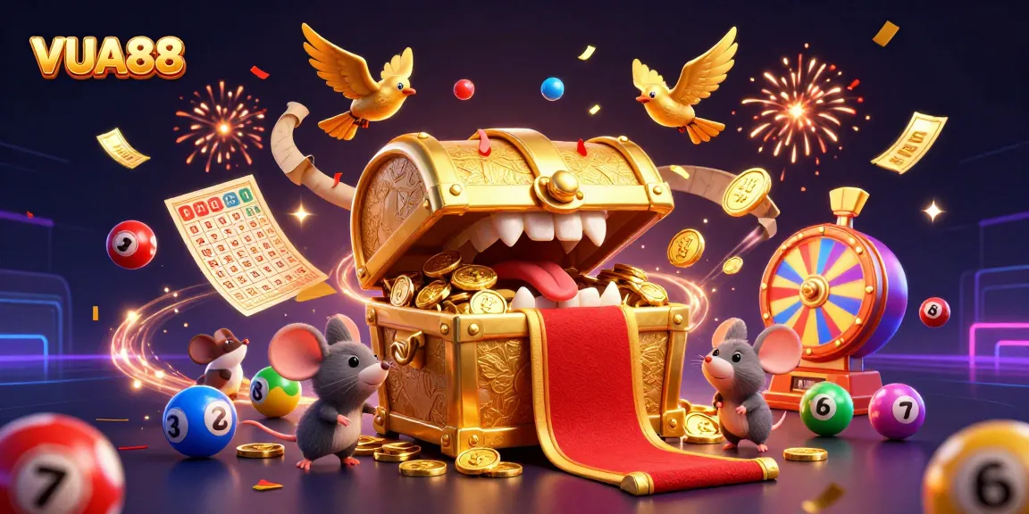 Experience the thrilling world of VUA88 with vibrant casino elements and a rich treasure scene.