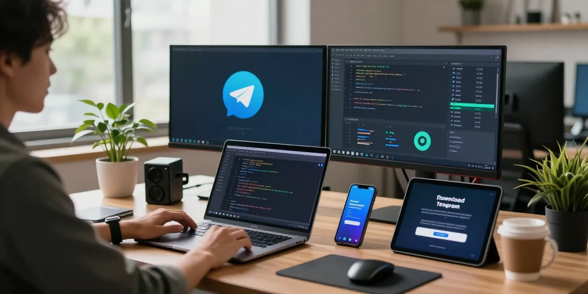 Download Telegram on multiple devices in a modern tech workspace.