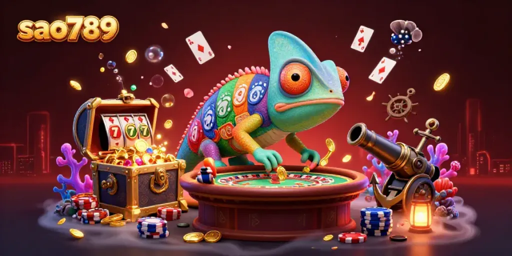 Experience the vibrant world of sao789 as a colorful chameleon casino owner captures golden coins amidst dazzling game elements.