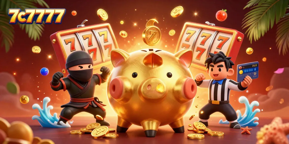 Experience the thrill of 7c7777 with a dynamic 3D illustration of casino elements, including lucky 7s and sparkling coins.