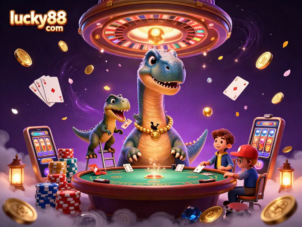 Spin the reels with lucky88 com at this dynamic cartoon casino scene filled with excitement and treasures.