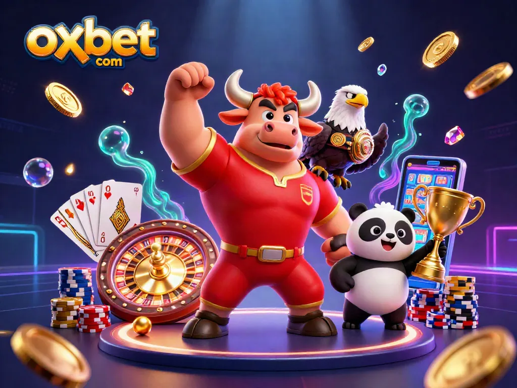 Experience excitement with oxbet com in this vibrant 3D casino scene featuring a muscular bull, eagle, and panda.
